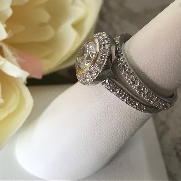 Sterling Silver Bezel CZ Wedding Ring Set - Picture 2 of 5